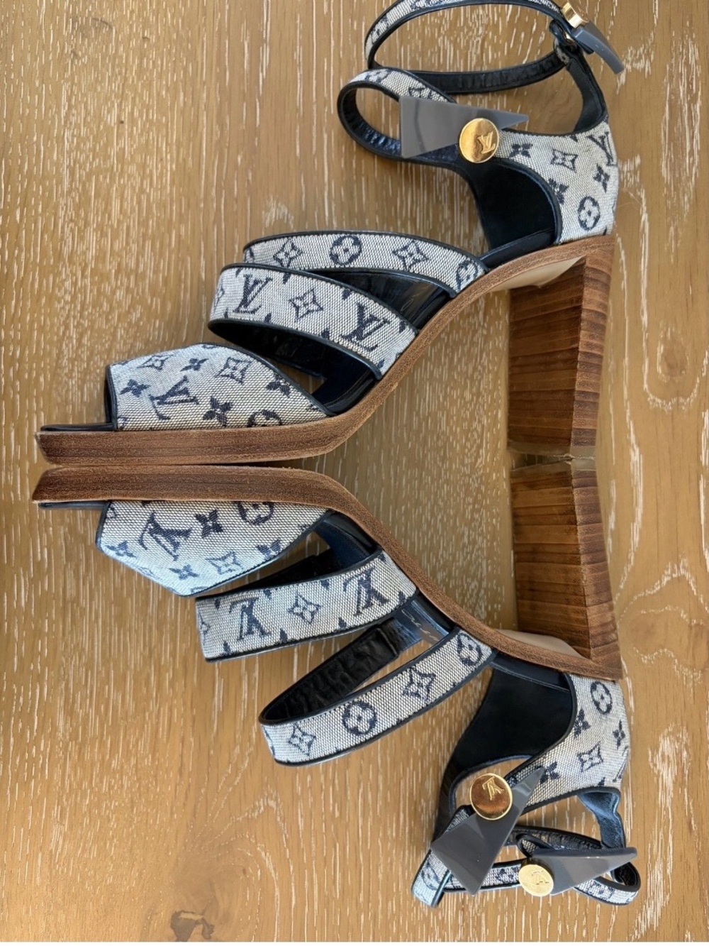 Louis Vuitton Monogram Denim Strappy Platform Sandals in Blue and Brown